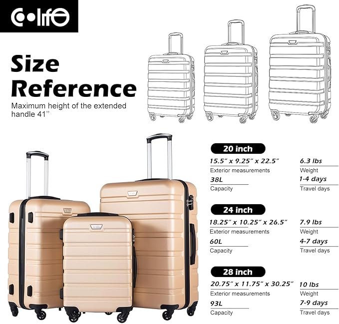 Coolife Luggage 3 Piece Set Suitcase Spinner Hardshell Lightweight TSA Lock (apricot white, 3 piece set(20in24in28in))