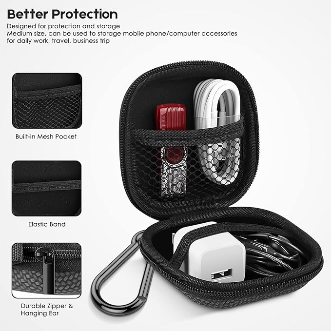 Earbud Case Hard EVA Earphone Carrying Case Cell Phone Accessories Storage Bag with Carabiner for Airpods Headset Earphone Flash Drive Charging Cable Key Wall Charger USB Adapter Cable (Black 2Pack)