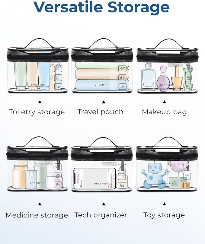 BAGSMART TSA Approved Toiletry Bag, 2 Pack Clear Makeup Cosmetic Bag Organizer, Quart Size Travel Bag for Toiletries, Carry-on Travel Accessories Essentials, Black-2pcs