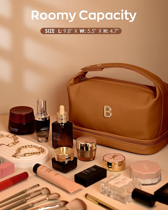 Trendy Gifts for Women, Personalized Makeup Bag with Handle, Initial Double Layer Cosmetic Bag with Makeup Brush Organizer, Cute Cosmetic Pouch for Women, Gifts for 20 Year Old Female