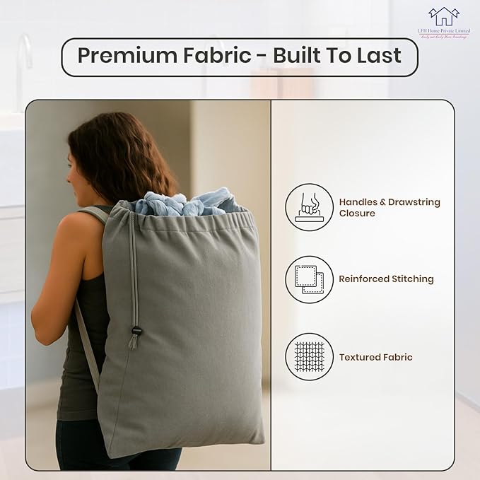 LFH Home Cotton Canvas Large Laundry Bag with Handle, Heavy Duty Drawstring Closure Washable Laundry Bags, School Travel, Home, Hotel, College Dorm, Organizer Sack, Toys Clothes 20x30-Grey