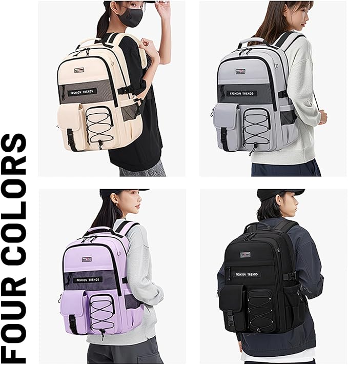 Lohol Multi-Pocket Backpack with 15.6 inch Laptop Compartment, Water Resistant Bookbag for School College and Travel (Beige)