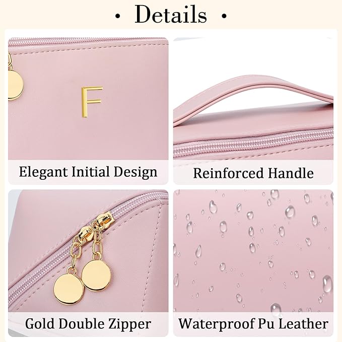 Birthday Gifts for Women Teen Girl, Personalized Initial Makeup Organizer Bag Set, Open Flat Travel Cosmetic Bag With Clear Divider and Handle(Pink,F)