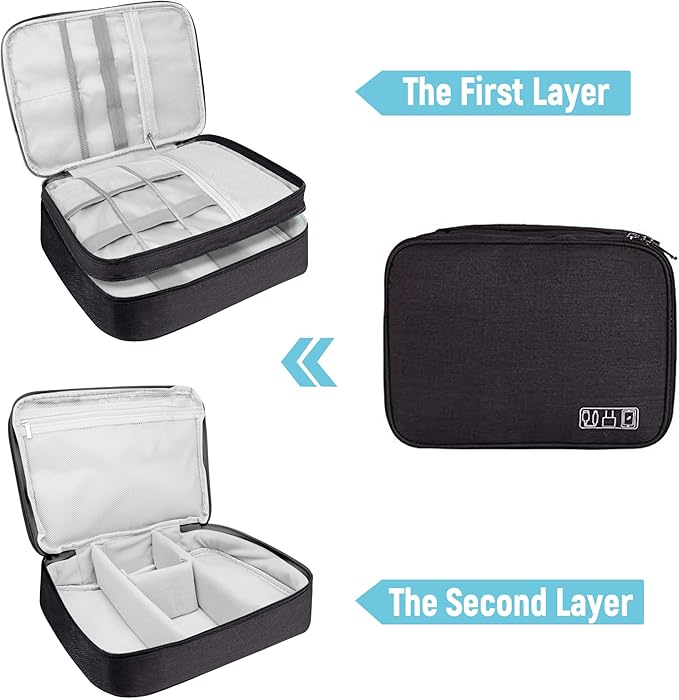 Electronics Travel Organizer,Large Double Layer Portable Waterproof Travel Organizer Bag for Charging Cable Storage,Ipad,Power Bank,Hard Drive etc,for Travel,Business,5pcs Cable Ties-Black