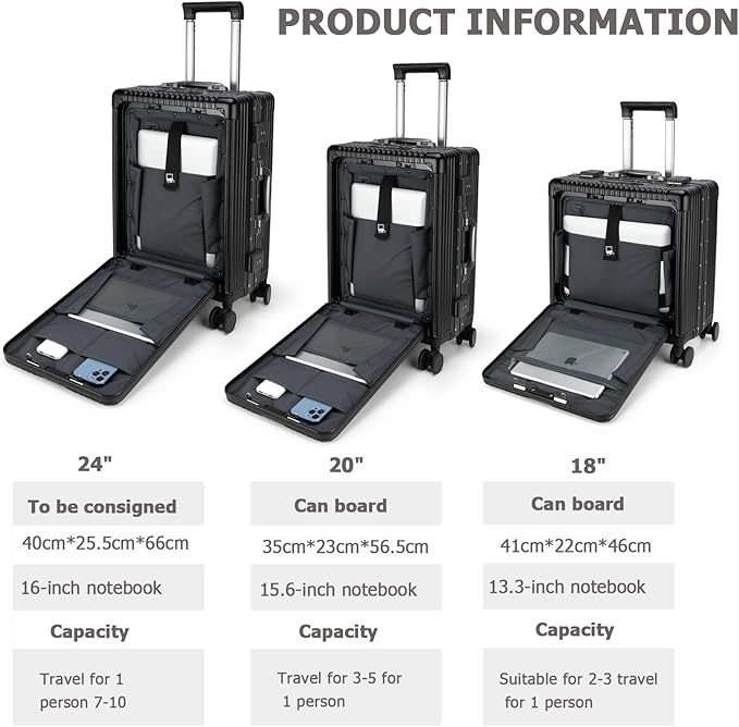 feilario 24in Aluminium Frame PC Hard Shell Spinner Wheels Luggage, Built-In TSA lock Carry on Suitcase, with Cup Holder, USB Port, Phone Holder ﻿