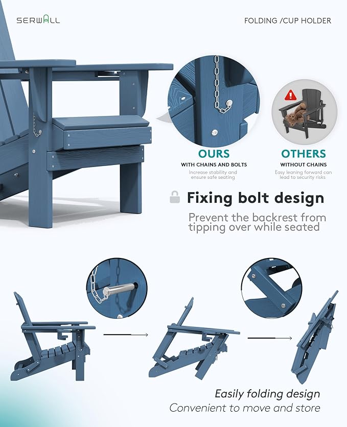 SERWALL Folding Adirondack Chair, HDPE Adirondack Chairs Set of 6, Plastic Outdoor Chairs- Looks Exactly Like Real Wood- Navy