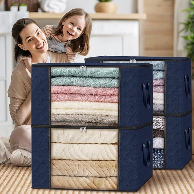 Fab totes 10 Pack Clothes Storage, Foldable Thick Fabric Blanket Storage Bags, Containers for Organizing Bedroom, Closet, Clothing, Comforter,Closet Organization with Handle,Blue