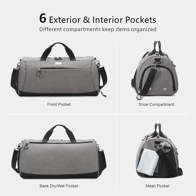 TOPDesign Gym Bag for Women & Men, Unisex Duffel Bag with Shoe Compartment & Wet Pocket for Travel Sports Gym (L Textured Grey)