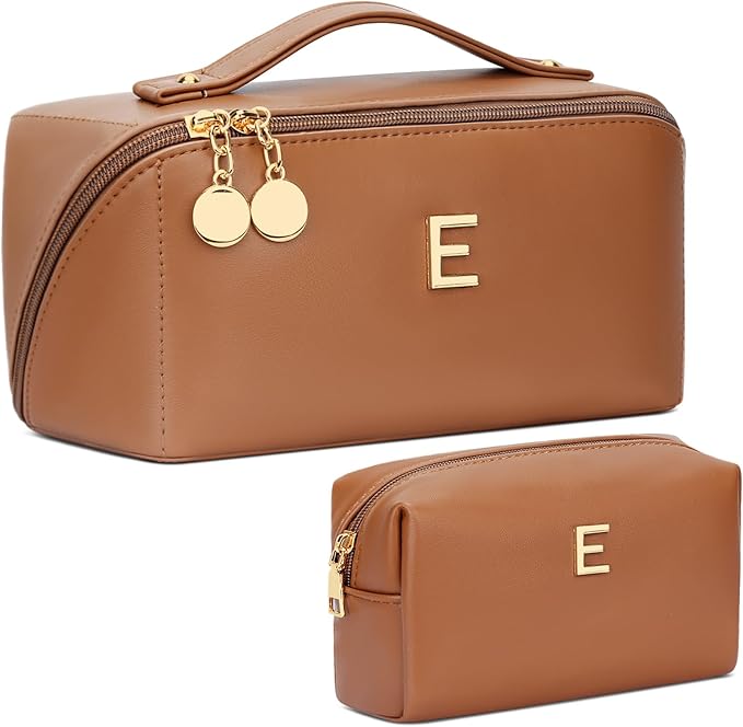 Birthday Gifts for Women Teen Girl, Personalized Initial Makeup Organizer Bag Set, Open Flat Travel Cosmetic Bag With Clear Divider and Handle(Brown,E)