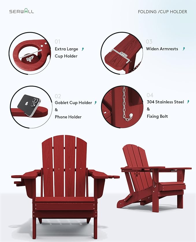 SERWALL Adirondack Chair with Cup Holders - Composite Adirondack Chairs HDPE Outdoor Chairs All Weather Use- Dark Red