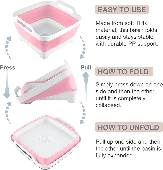 2.4 Gal(9L) Collapsible Dish Basin with Drain Plug - Multiuse Foldable Wash Basin for Baby Bottles, Space-Saving Multiuse Dish Tub, Kitchen Sink for Camping, Dishes Washing, RV (Pink)