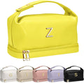 College Girl Gift Ideas, Personalized Makeup Bag with Handle, Initial Double Layer Cosmetic Bag with Makeup Brush Organizer, Cute Cosmetic Pouch for Women, Gift Ideas for Co Workers