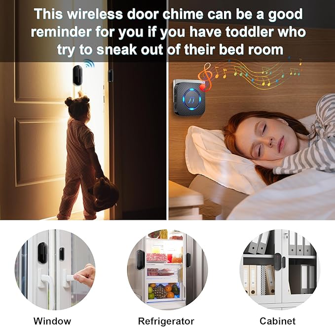 SanJie Door Sensor Chime for Door Opens, Door Entry Chime for Business/Home/Office/Store,600 FT Range,55 Chimes 5 Adjustable Volume Door Ringer Alert Alarm 1 Receivers +3 Sensors