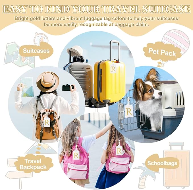 Personalized Initial Luggage Tags for Suitcase TSA Approved, White Leather Cute Luggage Tag with Privacy Cover Name Card, Embroidered Custom Luggage Tags Travel Baggage Tags Gifts for Women Kids(R)