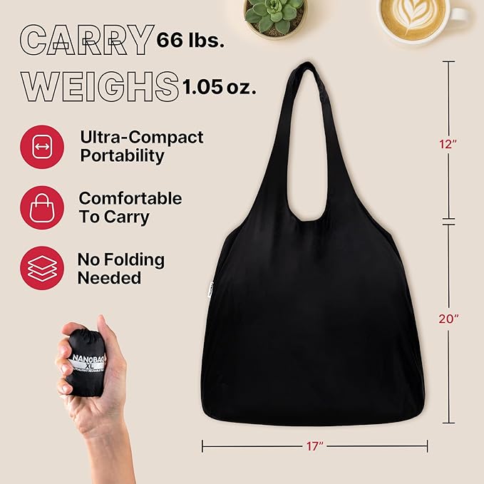 Nanobag Ultra-Lightweight Heavy Duty Foldable Tote for Women & Men, Reusable Grocery & Travel Bag, Packable Collapsible Compact Market Essential (XL Mocha)