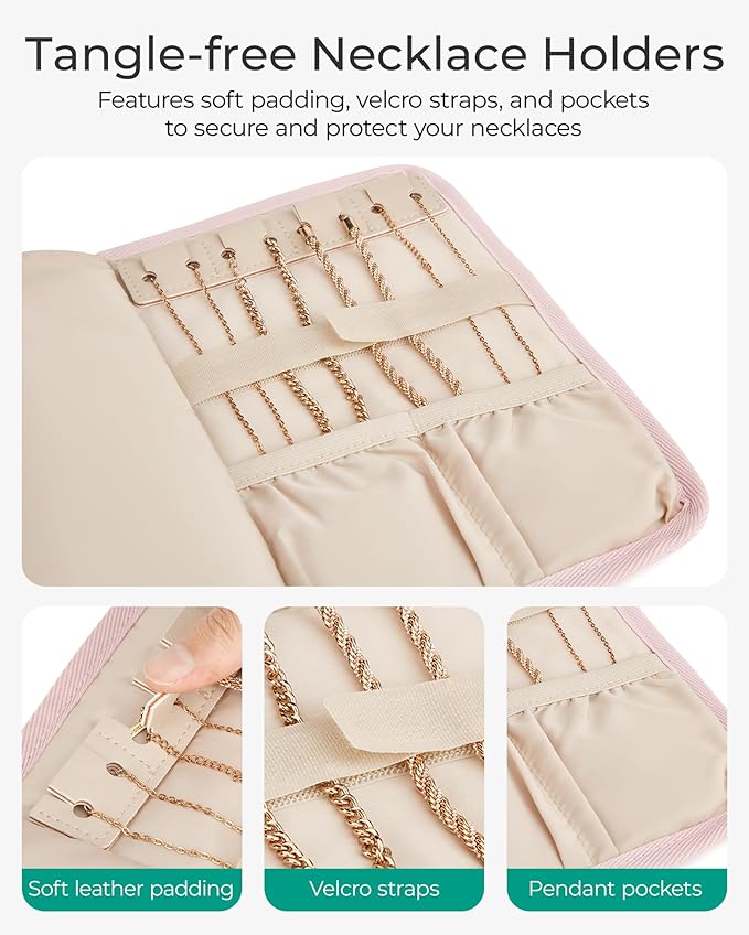 BAGSMART Travel Jewelry Organizer Case, Foldable Jewelry Roll for Necklaces, Earrings, Journey-Rings, Bracelets, Brooches, Portable, Khaki