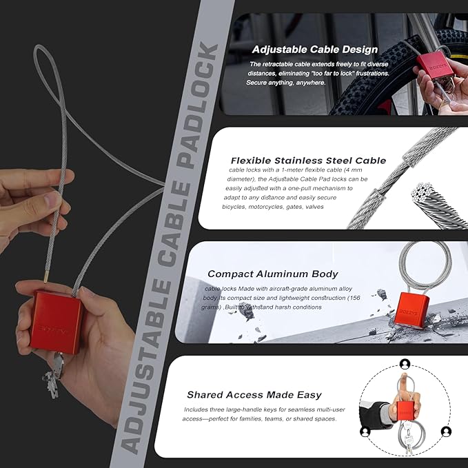 Adjustable Cable Padlock with 3 Keys | 1.15ft L x 1/6in D Aluminum Steel Cable Locks for Bikes, Gate, Lockers & Outdoor Gear | Keyed Different & Silver