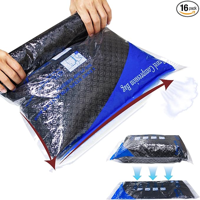 16 Pack Compression Bags for Travel | Vacuum Seal Storage Bags for Luggage & Dirty Clothes | Travel Packing Space Saver Bags for Suitcases & Home Organization | MEIQIHOME