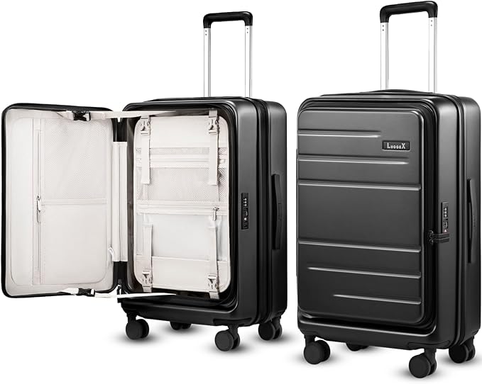 Checked Luggage Top Opening, FLT Expandable Polycarbonate Hard Shell Suitcase with Wheels (FLO-Lite, Black, 24 Inch, 63L-70L)