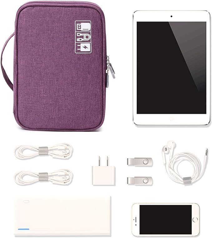 mygreen Electronics Travel Organizer Storage Bag, Double Layer Universal Traveling Gear Accessories Carrying Cover Pouch for iPad Mini Cables Phone Chargers Adapter Flash Hard Drive and More Purple
