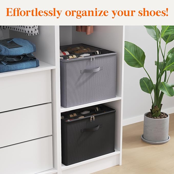 Lifewit Shoe Storage Organizer for Closet, Fits 12-16 Pairs, Large Shoe Box Storage Containers with Clear Cover and Reinforced Handles, Foldable Storage Bins Fit for Boots Heels Sneakers, 2 Pack Black