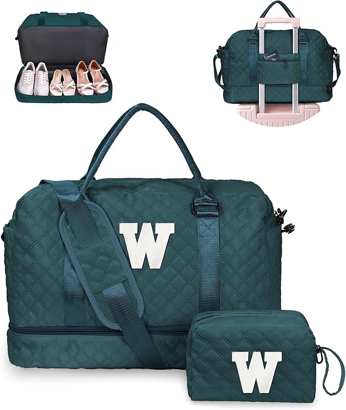 Teenage Girl Gifts 8-10-Initial Travel Bag with Shoe Compartment, Personalized Weekender Bag, Monogram Overnight Bag for Women, Letter Travel Bag with Makeup Bag Graduation Gifts (Letter W)