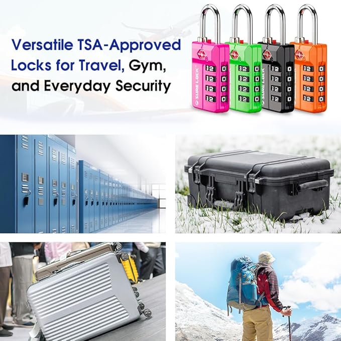 SURE LOCK TSA Approved 4-Digit Resettable Combination Luggage Lock with Open Alert, Easy-Read Dials - for Luggage, School Lockers, Gym, Office, Toolbox & Security Cases (Black 1 Pack)