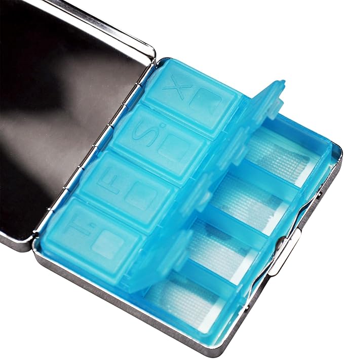 Cute and Portable Metal Pill Organizer – 8 Compartments, Elegant Chrome Finish, Ideal for Travel and Daily Use (Poison Label Retro)