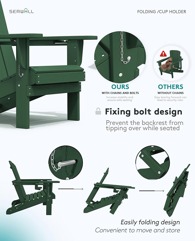 SERWALL Adirondack Chair with Cup Holders - Composite Adirondack Chairs Set of 2 HDPE Outdoor Chairs All Weather Use- Green