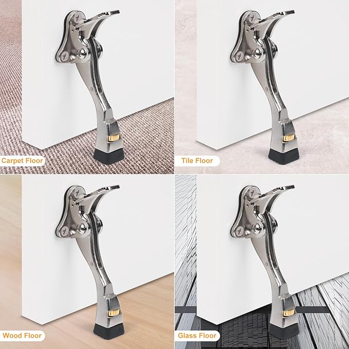 4 Packs Heavy Duty Kickdown Door Stopper, One Touch Adjustable Kickdown Door Stop for Heavy Doors, 4 in Metal Door Kickstand with Rubber Tip & Wall Protectors for Wide Doors
