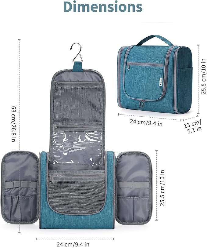 Narwey Hanging Toiletry Bag for Women Travel Makeup Bag Organizer Toiletries Bag Men for Cosmetics Essentials Accessories (Large, Teal)