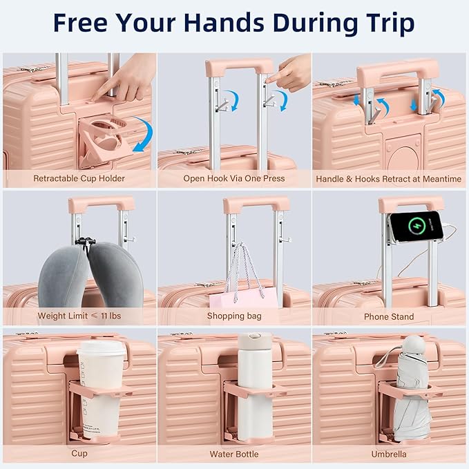 Hard Shell Suitcases 20 Inch Carry on Luggage Airline Approved, Expandable Travel Luggage with Cup Holder Charger Built in Lightweight Small Suitcase with Wheels, Pink