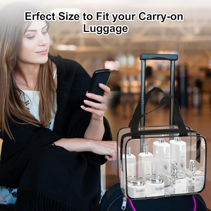 APREUTY Clear Makeup Bags, TSA Approved 3 Pcs Large Cosmetic Makeup Bags Set Clear PVC with Zipper Handle Portable Travel Luggage Pouch Airport Airline Vacation Organization (Black)