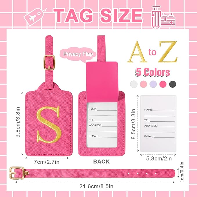 Personalized Initial Luggage Tags for Suitcase, Rose Red Leather Cute Luggage Tags with Privacy Cover Name Card, Embroidered Custom Monogram Luggage Tags Travel Backpack Tag Gifts for Women Kids(S)