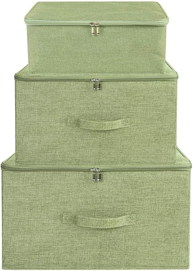 ANMINY 2PCS Storage Bins with Zipper Lids 13 Qt Lidded Fabric Storage Boxes Baskets Cubes with Handles Collapsible Washable Cotton Linen Closet Shelf Clothes Organizer Containers - Green, Small