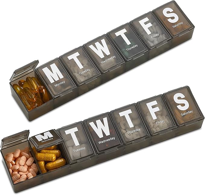 Weekly Pill Organizer - (Pack of 4) Extra Large Vitamin Container with Jumbo Easy to Read Letters, BPA Free - Daily Travel 7 Day Medication Pill Box Case, (Black)