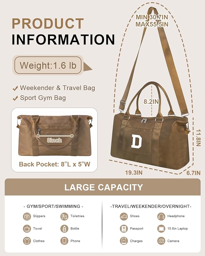 Birthday Graduation Gifts for Daughter,Initial Travel Duffel Bag Sports Gym Bag for Girls Teen Kids Birthday Gifts,Personalized Weekender Bag Carry On Tote Bags Cute Overnight Bag for Women(Brown, D)