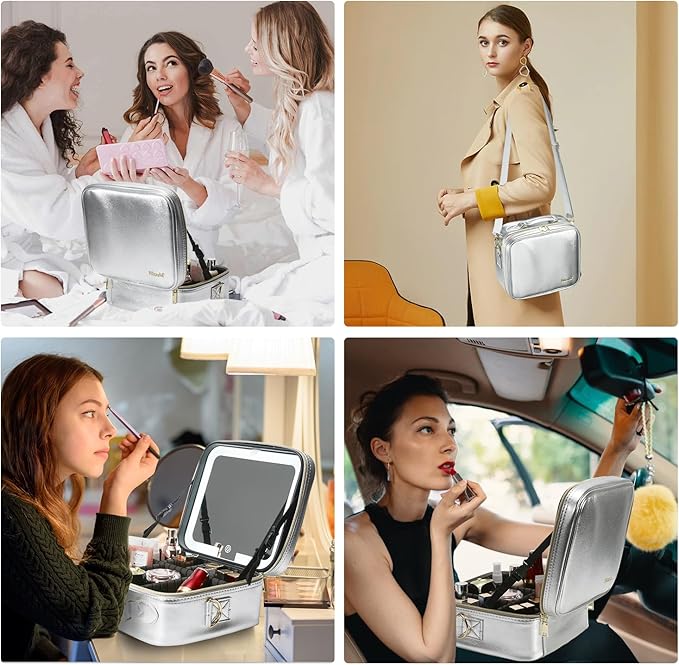 Mocado Travel Makeup Bag with LED Lighted Mirror,Travel Makeup Organizer,Makeup Case with 3 Color Lighted Setting and 10x Magnifying Mirror,Portable Storage and Adjustable Dividers Makeup Box(Silver)