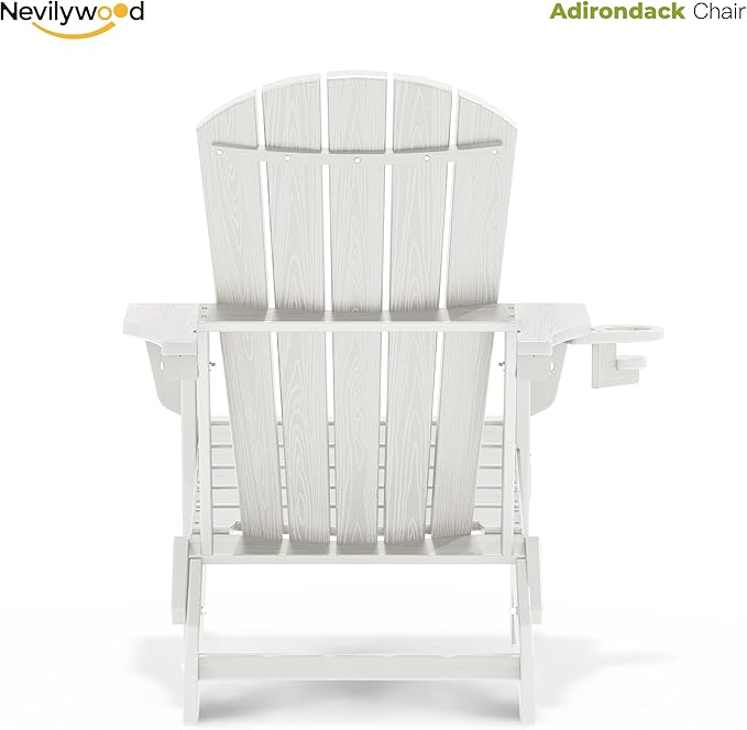 Folding Adirondack Chair, Ergonomic Extended Backrest, HDPE All-Weather, 380lbs Capacity, Maintenance-Free, Cup Holder, （White）- Outdoor Patio & Firepit Chair