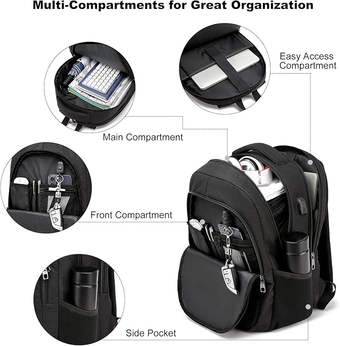 Backpack for Men and Women, School Backpacks for Teen Boys Girls, Water Resistant Sturdy Anti Theft Travel Laptop Backpack, Black Student Bookbag Fits 15.6 Inch Laptop with USB Charging Port, Gifts