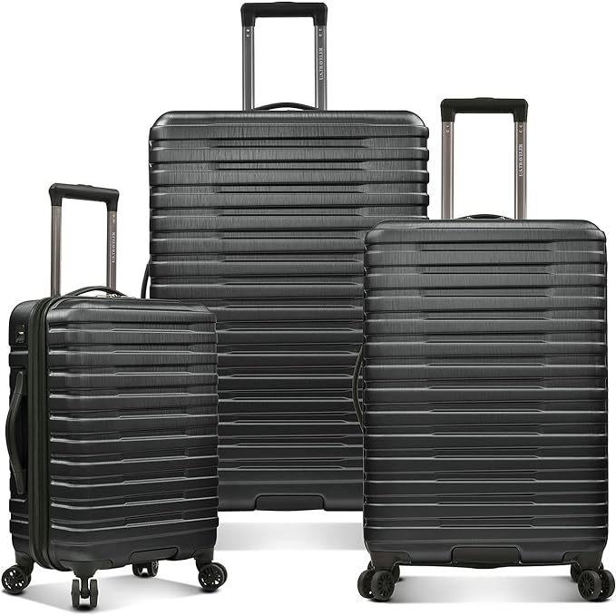 U.S. Traveler Boren Polycarbonate Hardside Rugged Travel Suitcase Luggage with 8 Spinner Wheels, Aluminum Handle, Black, 3-Piece Set, USB Port in Carry-On
