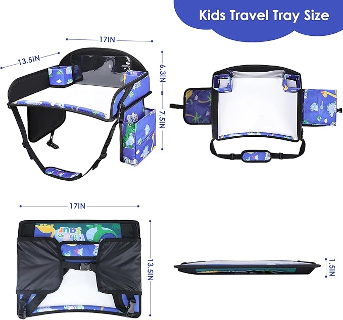 Kids Travel Tray for Airplane - Toddler Car Seat Table Tray, Road Trip Essentials for Boys & Girls, Carseat Lap Desk for Kids Road Trip Activities,Blue Dinosaur