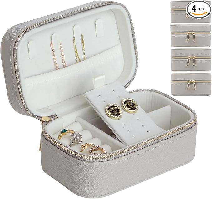 Travel Jewelry Case Bulk Of 4 For Women Weekend Trips, Gold Zip, PU Leather Compact Jewelry Organizer For Earring Bracelets Gray Travel Jewelry Box Set 4 Perfect For Small Bridesmaid Jewelry Box Gift