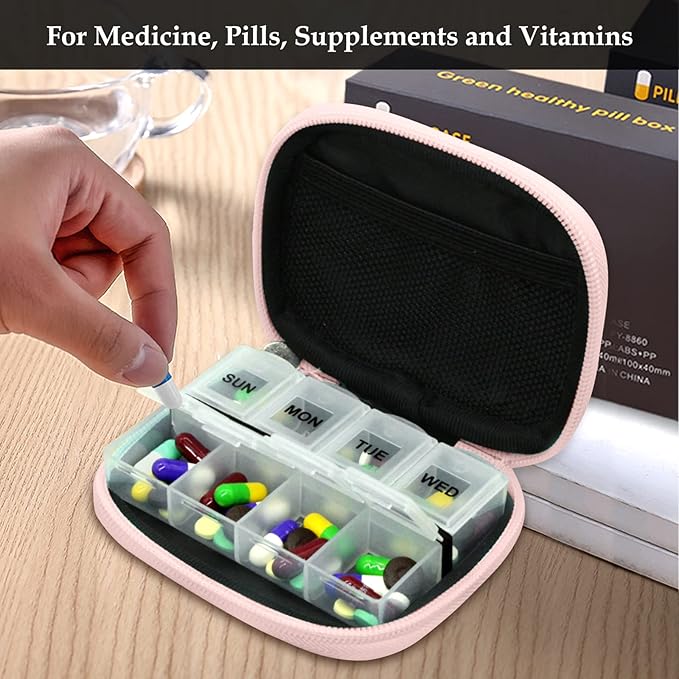 Serfeymi Weekly Travel Pill Organizer Pill Case for Purse with Removable 7 Day Pill Box, Fashionable Travel Medicine Organizer Pill Container for Medicine, Vitamin, Supplement - Bloom 03