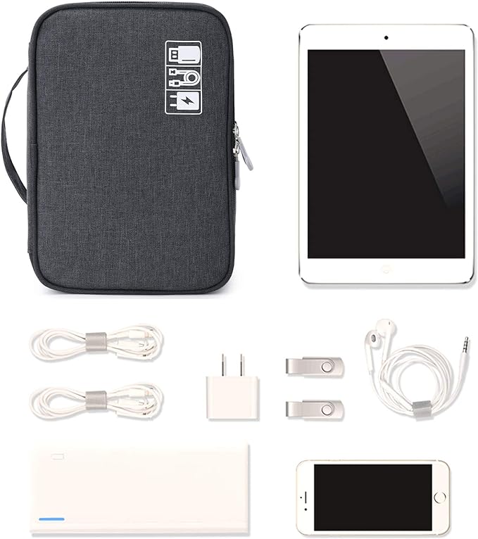 mygreen Electronics Travel Organizer, Watreproof Electronic Accessories Case Portable Double Layer Cable Storage Bag for Cord, Charger, Flash Drive, Phone, Ipad Mini, SD Card, Gifts for Him Black