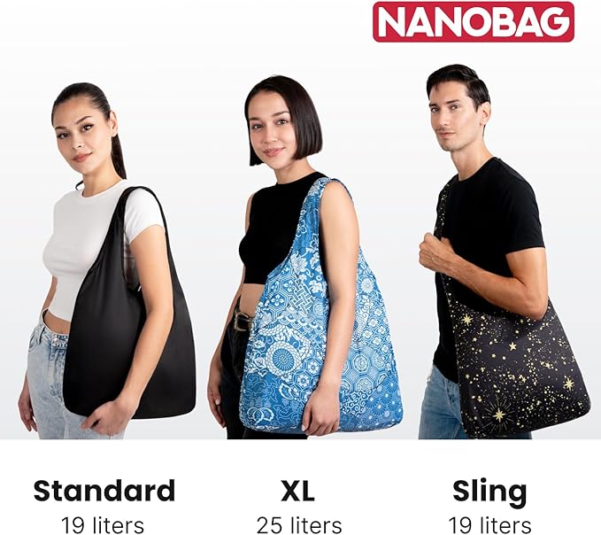 Nanobag Ultra-Lightweight Foldable Tote for Women & Men, Reusable Grocery & Travel Bag, Packable Collapsible Compact Market Essential (Standard Black)