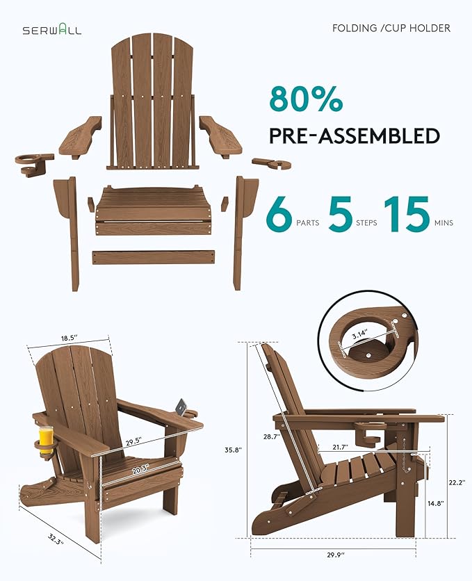 SERWALL Adirondack Chair with Cup Holders - Composite Adirondack Chairs Set of 2 HDPE Outdoor Chairs All Weather Use- Brown