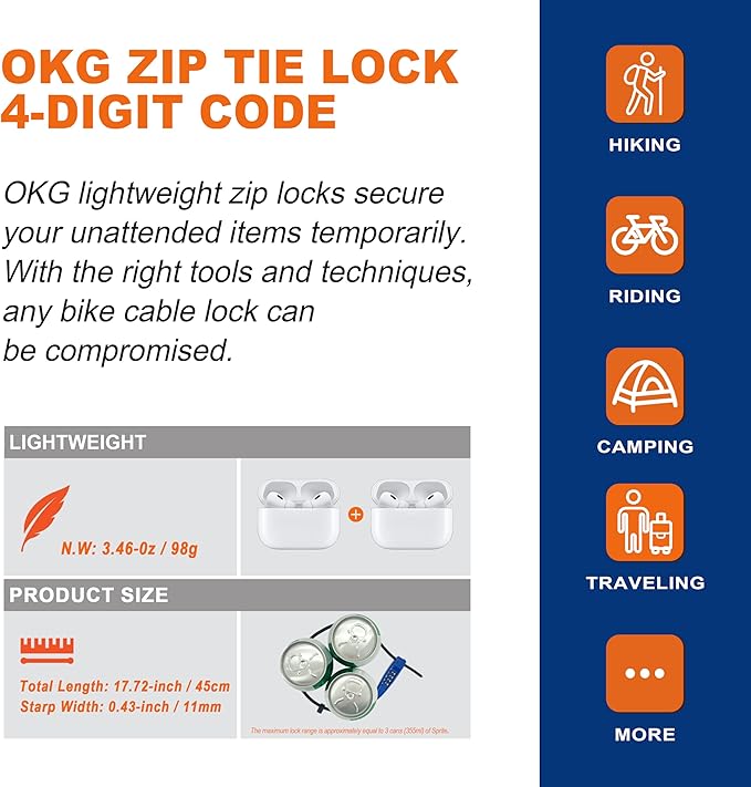 OKG 4-Digit Combination Zip Tie Lock - Anti-Scratch Stainless Steel Cable Bike Lock with Resettable Code, Secure Helmets, Skis, Prams, Luggage, Cabinet, French Doors, and More (Blue)