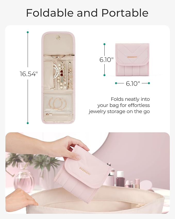 BAGSMART Travel Jewelry Organizer Case, Foldable Jewelry Roll for Necklaces, Earrings, Journey-Rings, Bracelets, Brooches, Portable, Beige