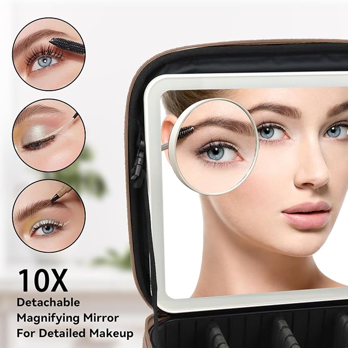 Travel Makeup Bag with LED Mirror and 10x magnifying glass with 3 Lighted Settings, Adjustable Dividers and Makeup Brush Storage Bag Mocha